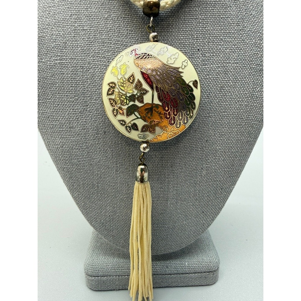 Vintage Cloisonné Peacock Pendant Tassel Necklace‎ Cord 27" Retro Statement Boho